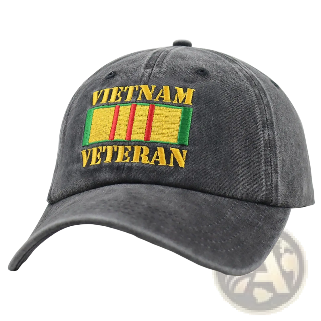 Dark gray denim baseball cap embroidered with vietnam veteran text and a yellow green red ribbon patch