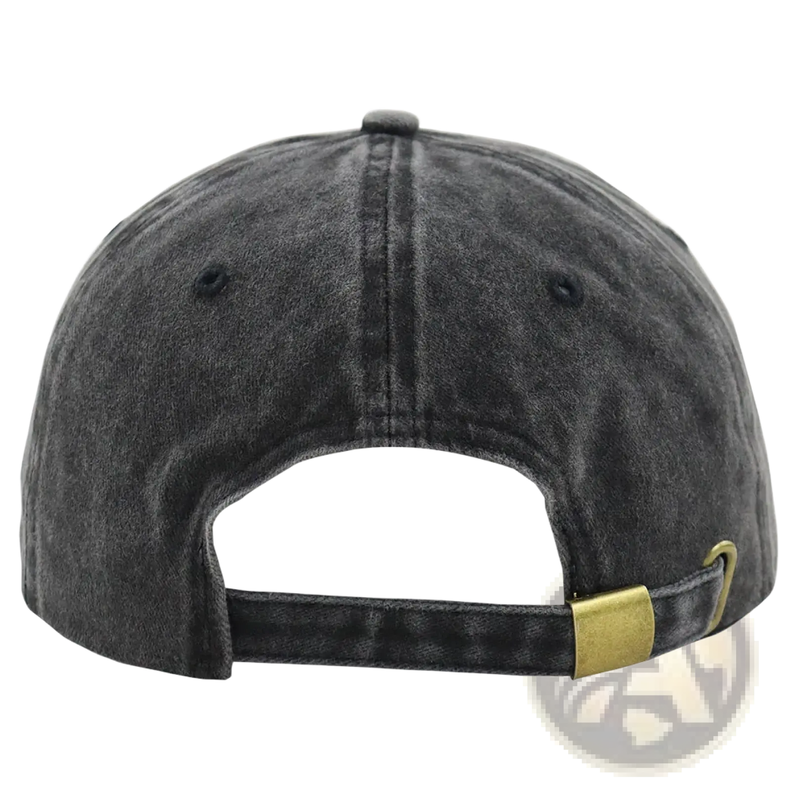 Back view of vietnam veteran embroidered dark gray distressed denim baseball cap with gold-tone metal buckle strap