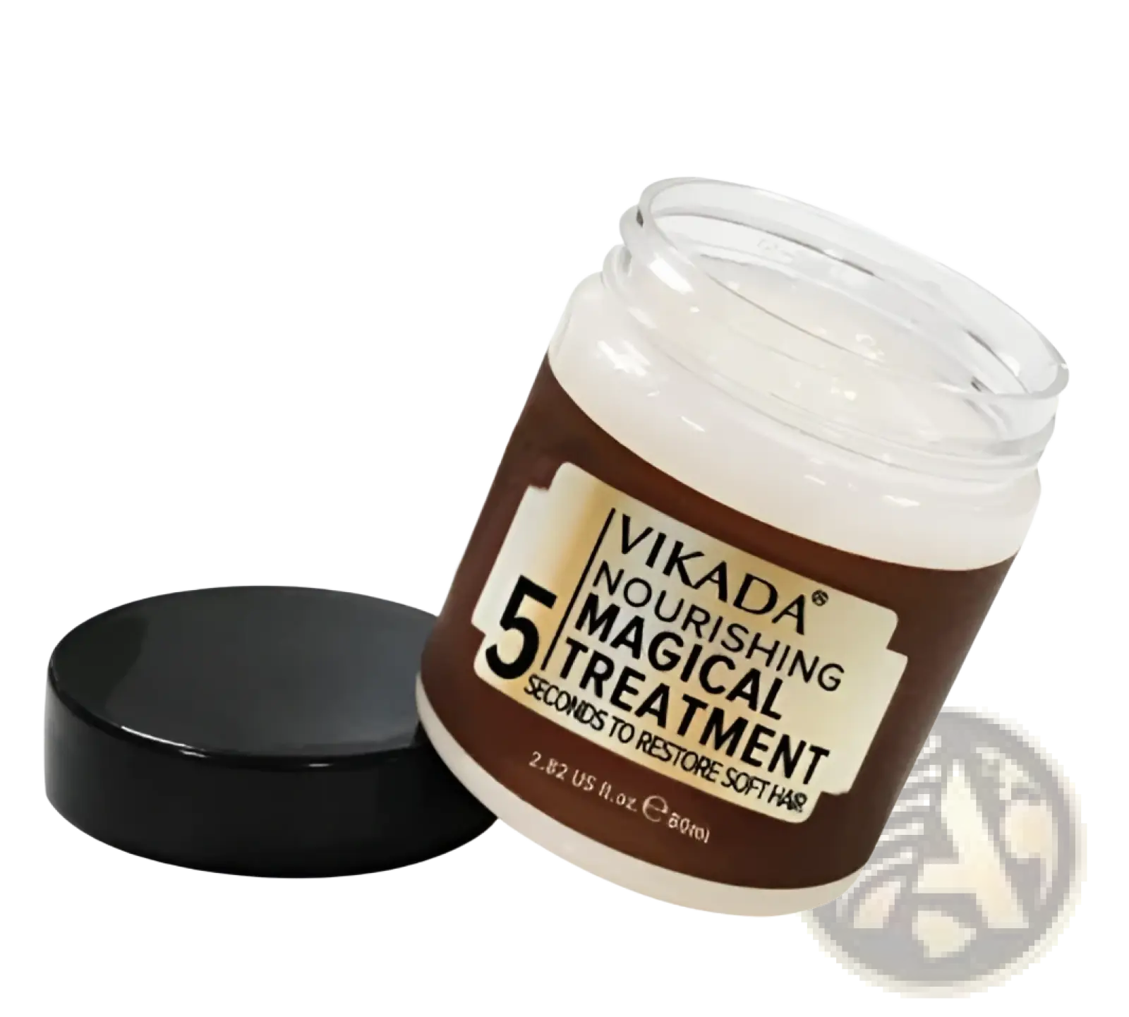Brown jar of vikada nourishing magical treatment hair mask with black lid for deep moisturizing hair repair 80ml