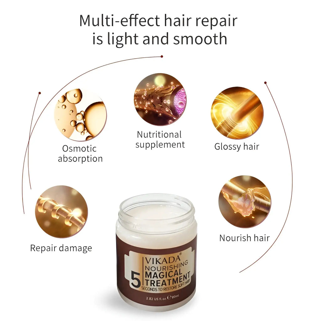 A brown-labeled glass jar of Vikada hair repair mask with white lid containing clear nourishing magical treatment