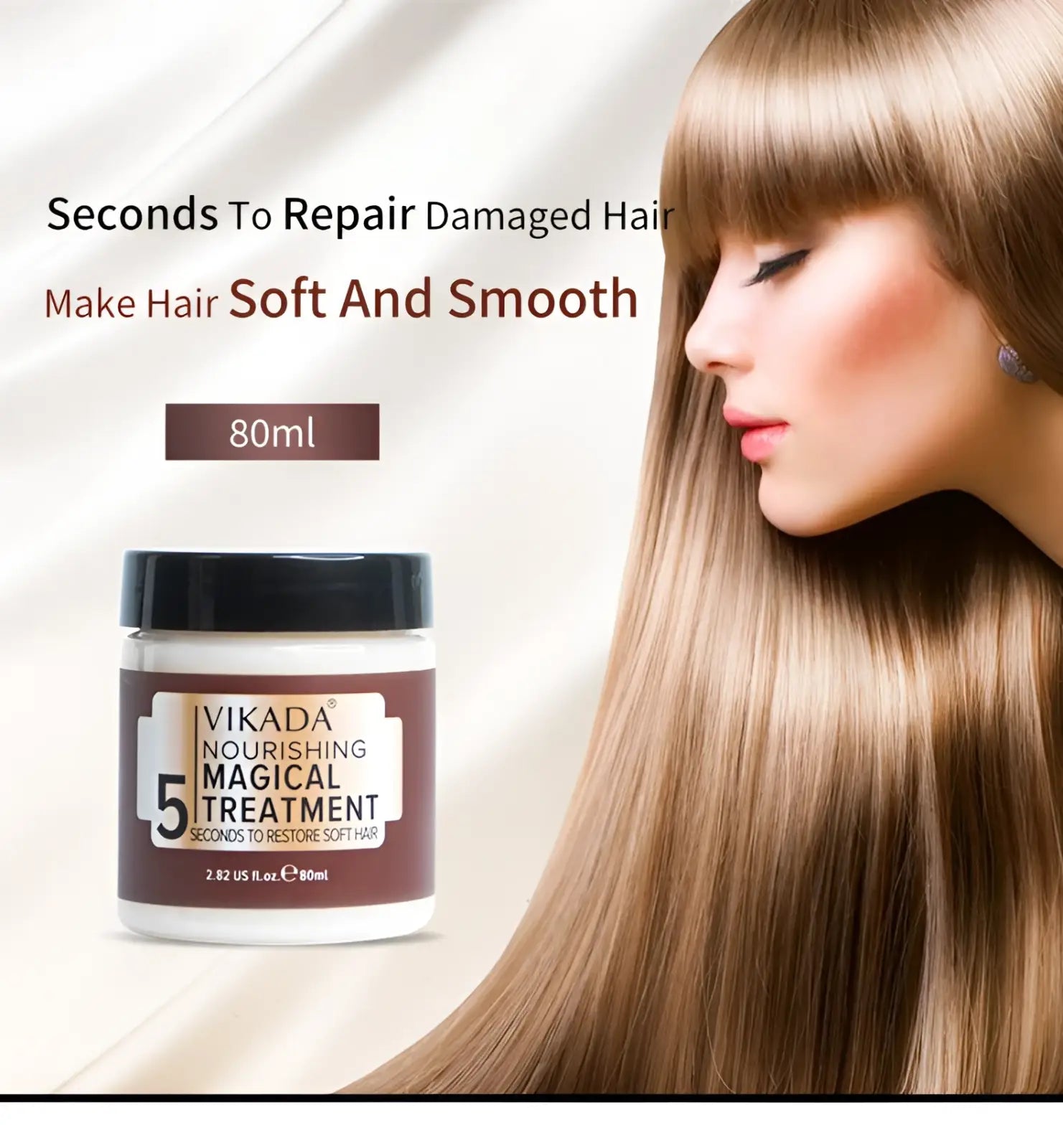 A white jar with black lid and brown label vikada nourishing magical treatment hair mask for repairing damaged hair 80ml