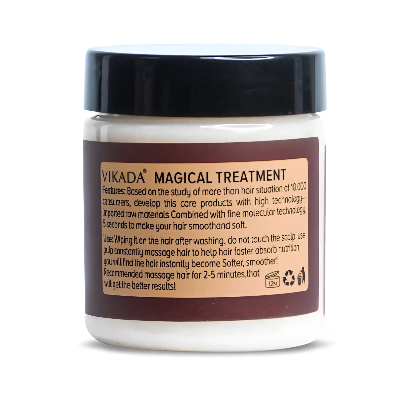 A white jar with a black lid and brown label of Vikada hair repair mask deep moisturizing treatment 80ml
