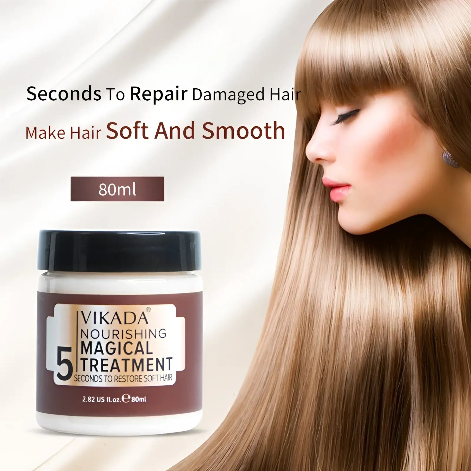 White jar with black lid and brown label of Vikada hair repair mask nourishing magical treatment for damaged hair repair