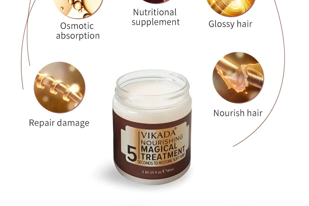 A brown-labeled glass jar of vikada hair repair mask with white creamy content and gold accents for deep moisturizing