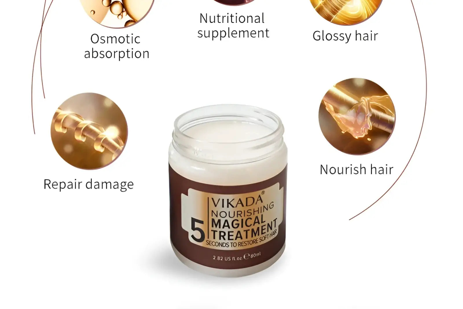 A brown-labeled glass jar of vikada hair repair mask with white creamy content and gold accents for deep moisturizing