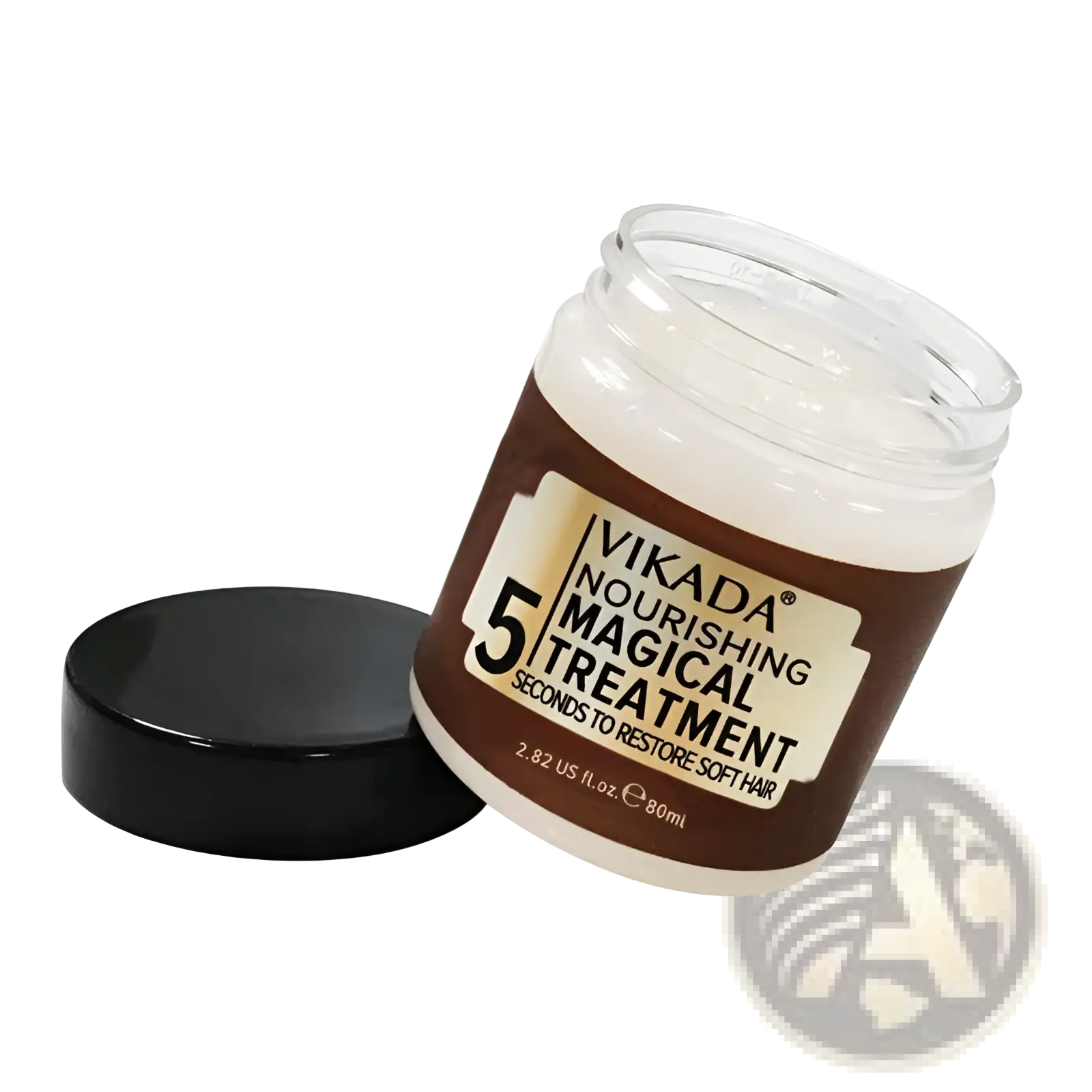 A brown-labeled glass jar of vikada hair repair mask deep moisturizing treatment with black lid containing 80ml cream