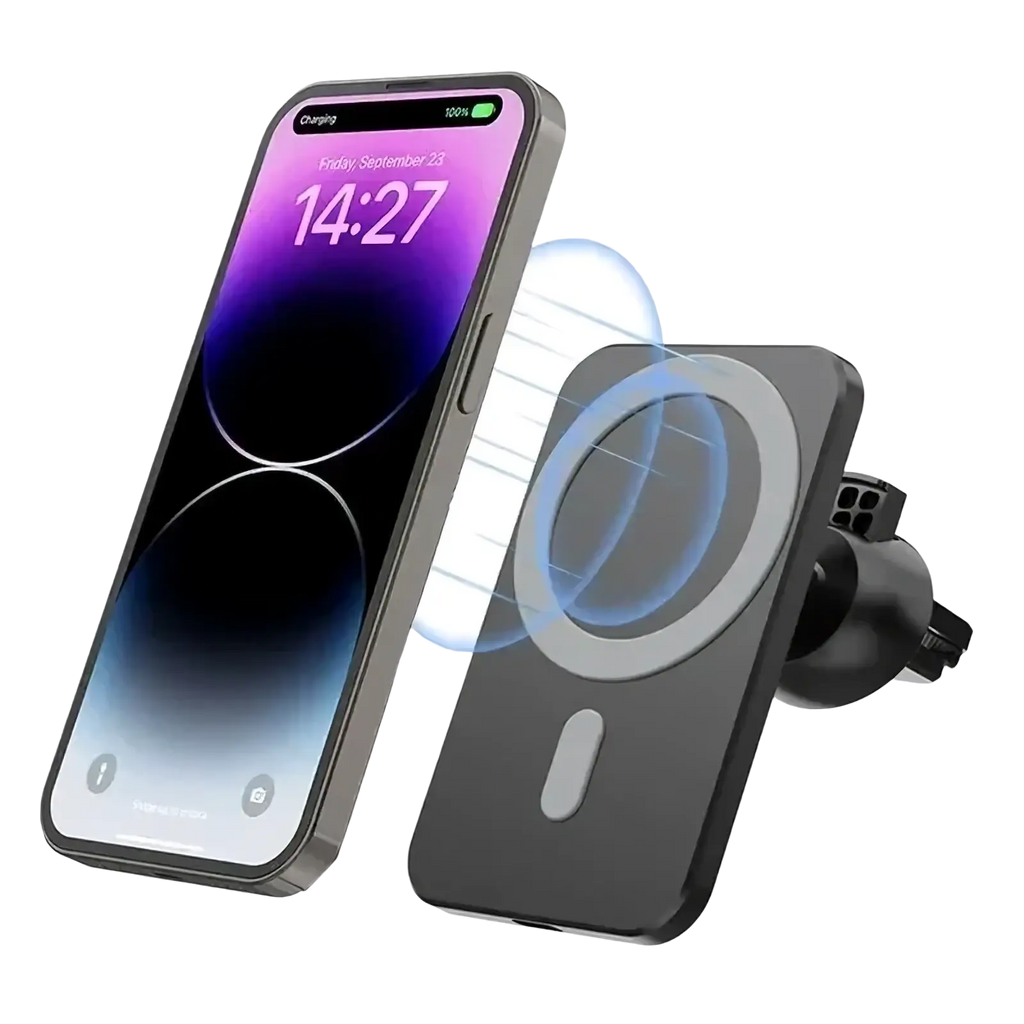 Black magnetic car wireless charger for iphone with circular charging pad and adjustable clip mount