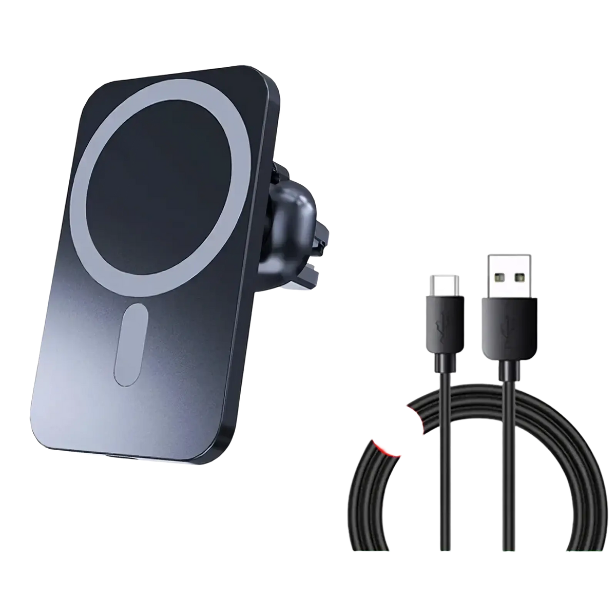 Black Vikefon magnetic car wireless charger with circular induction coil and sleek metallic finish for iPhone charging