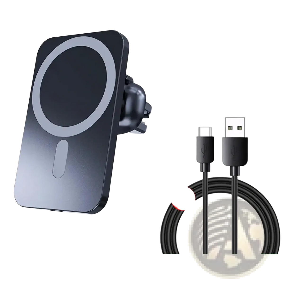 Black Vikefon magnetic car wireless charger with circular induction coil and sleek metallic finish for iPhone charging