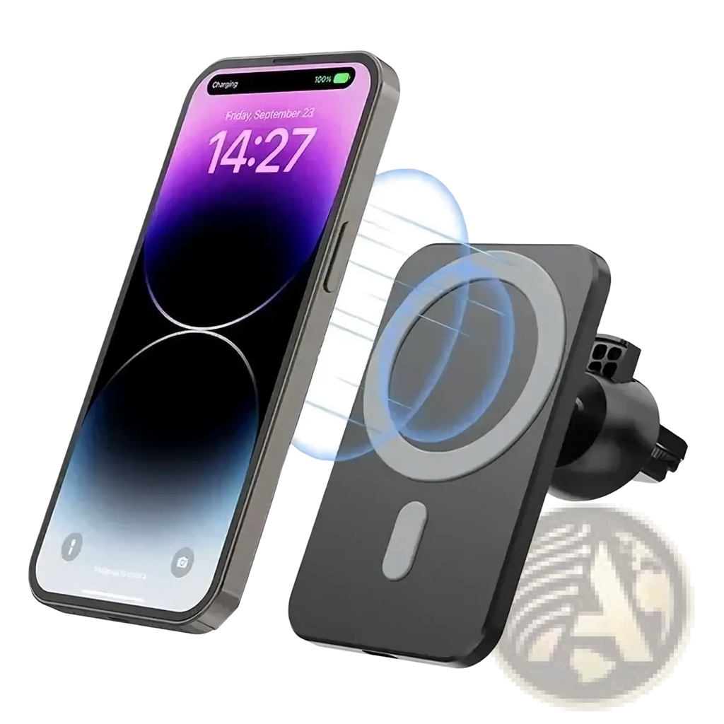 Black magnetic car wireless charger for iphone with circular charging pad and adjustable clip mount