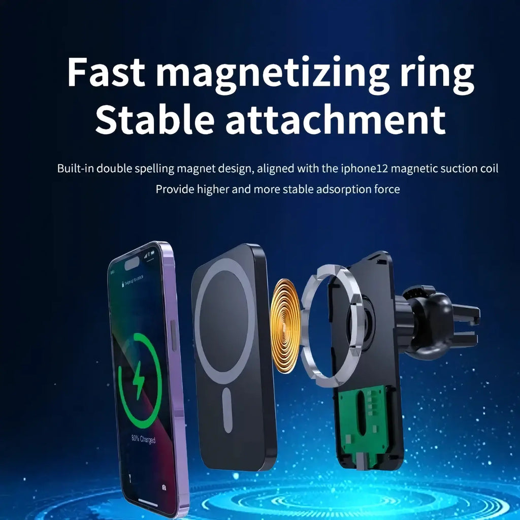 Black Vikefon magnetic car wireless charger with magnetic ring attachment and car mount design for iPhone use