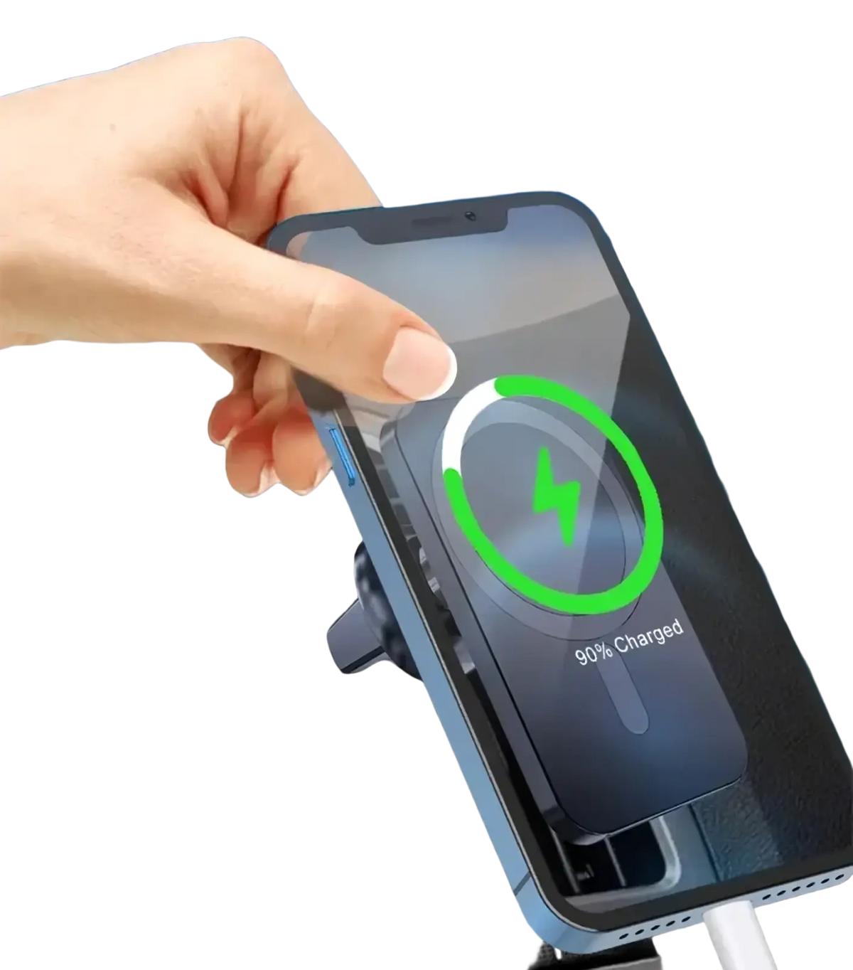 Blue Vikefon magnetic car wireless charger holding and charging an iPhone for convenient in-car use