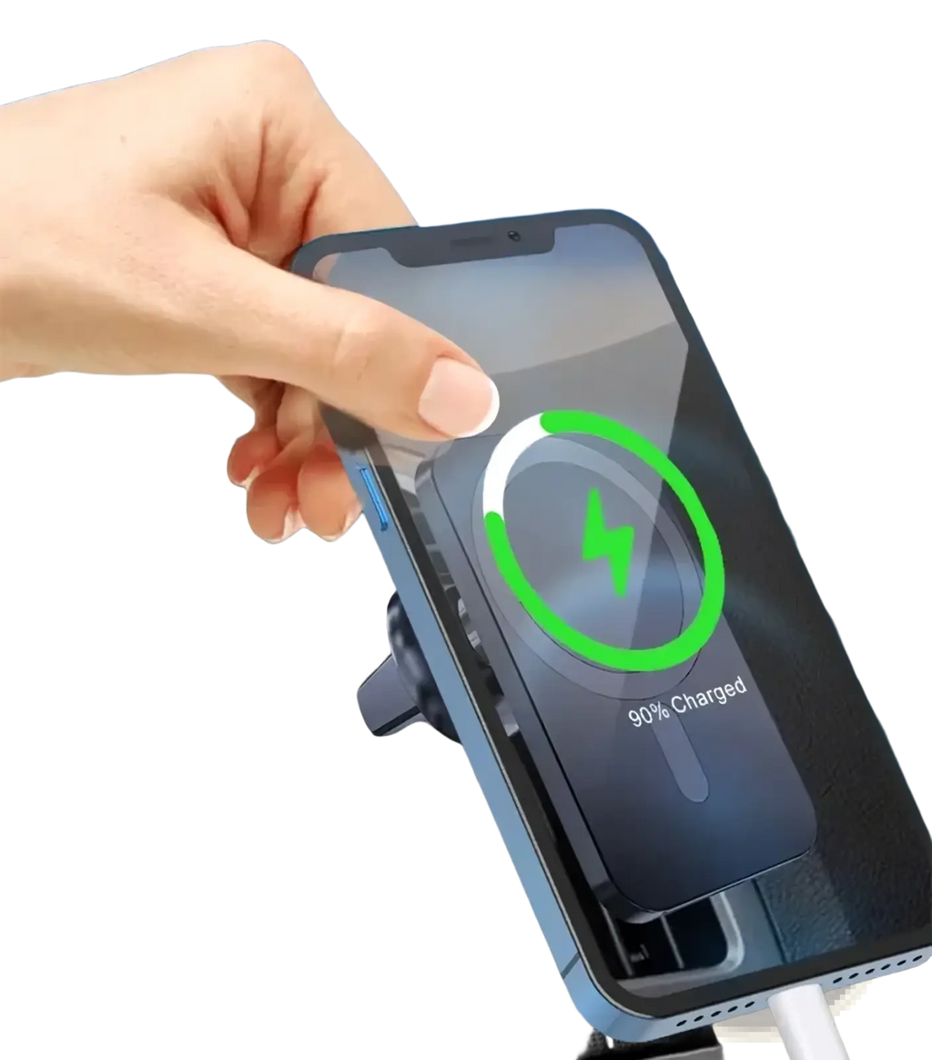 Blue Vikefon magnetic car wireless charger holding and charging an iPhone for convenient in-car use