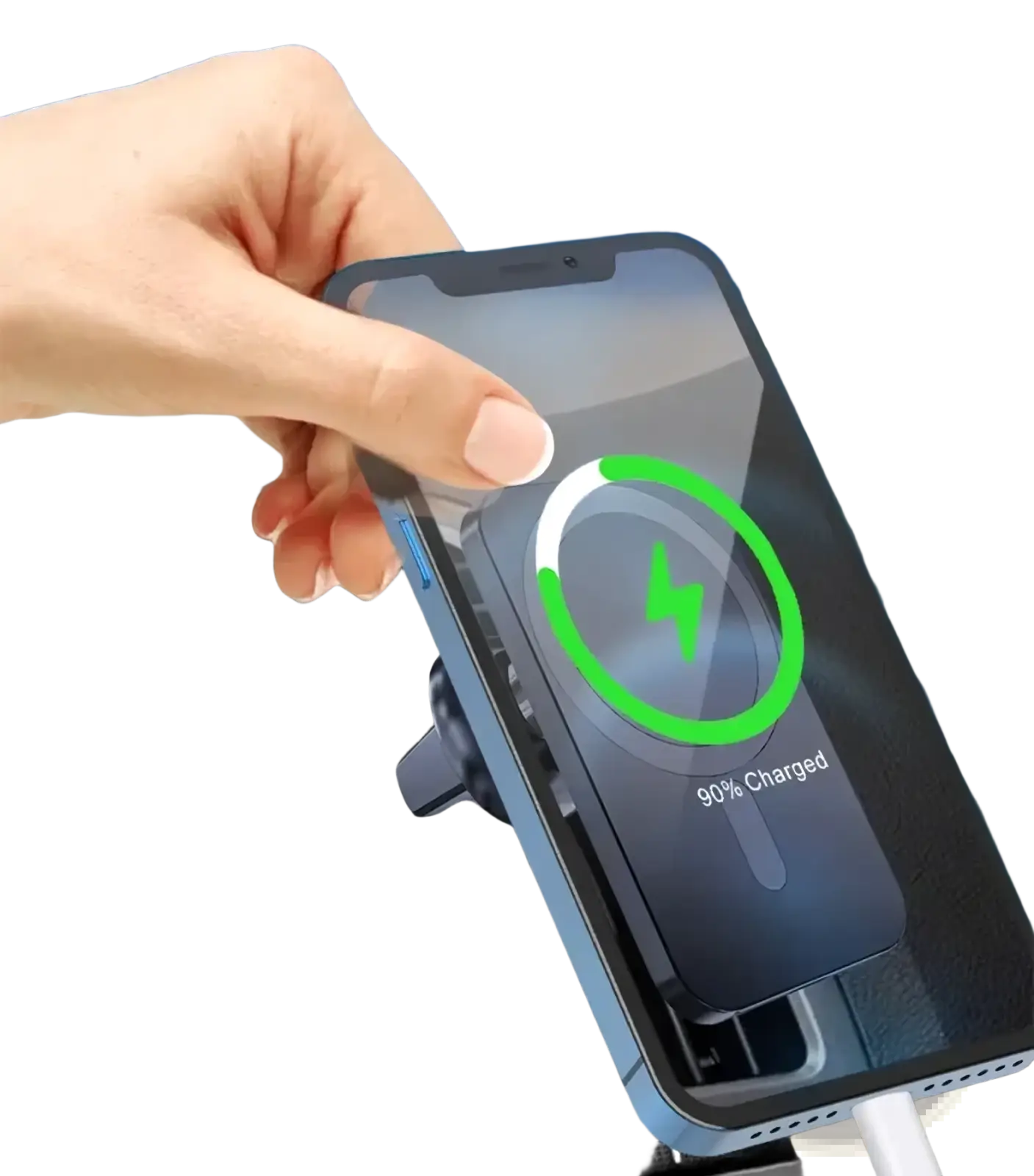 Blue Vikefon magnetic car wireless charger holding and charging an iPhone for convenient in-car use