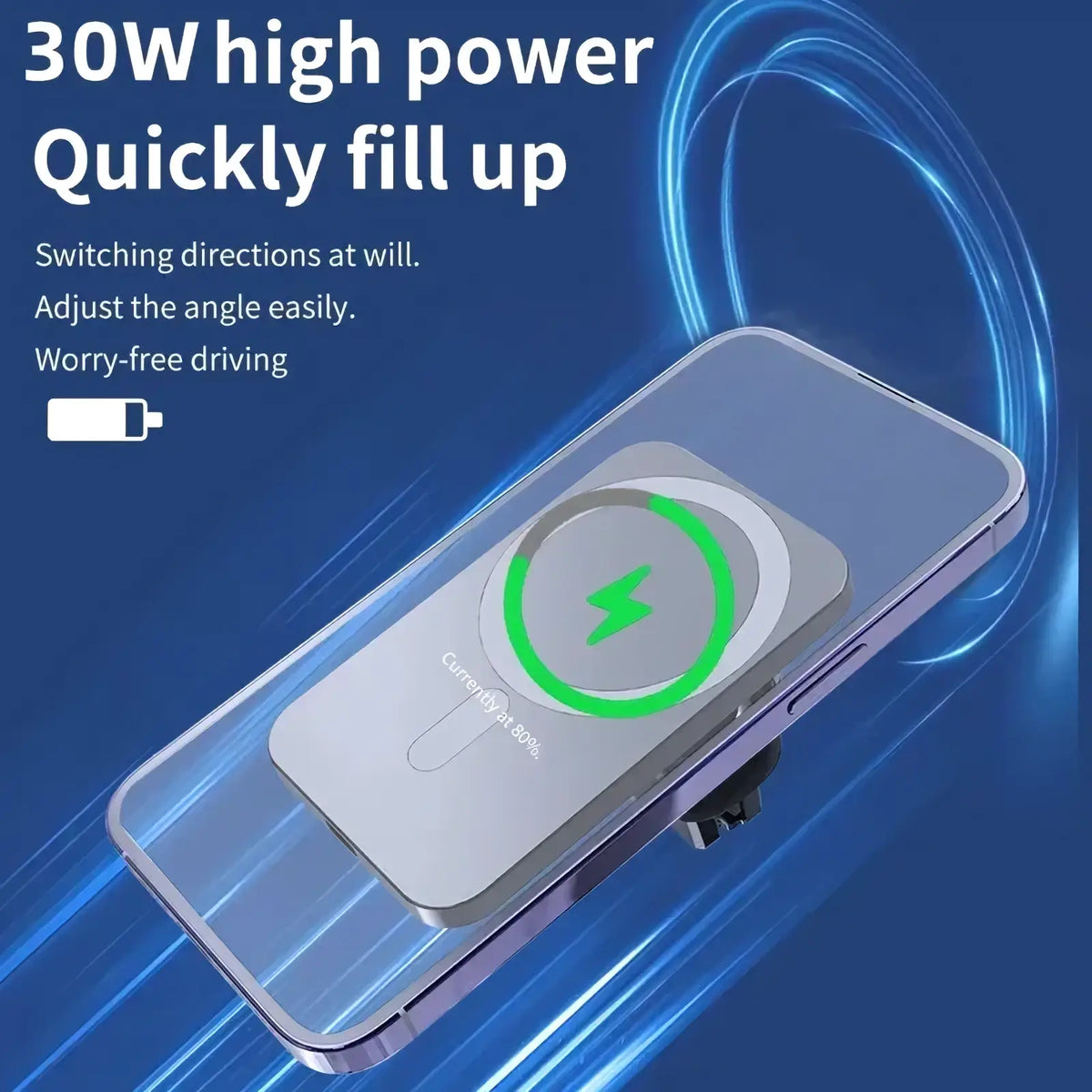 Silver vikefon magnetic car wireless charger with sleek rectangular design and green lightning bolt on circular pad