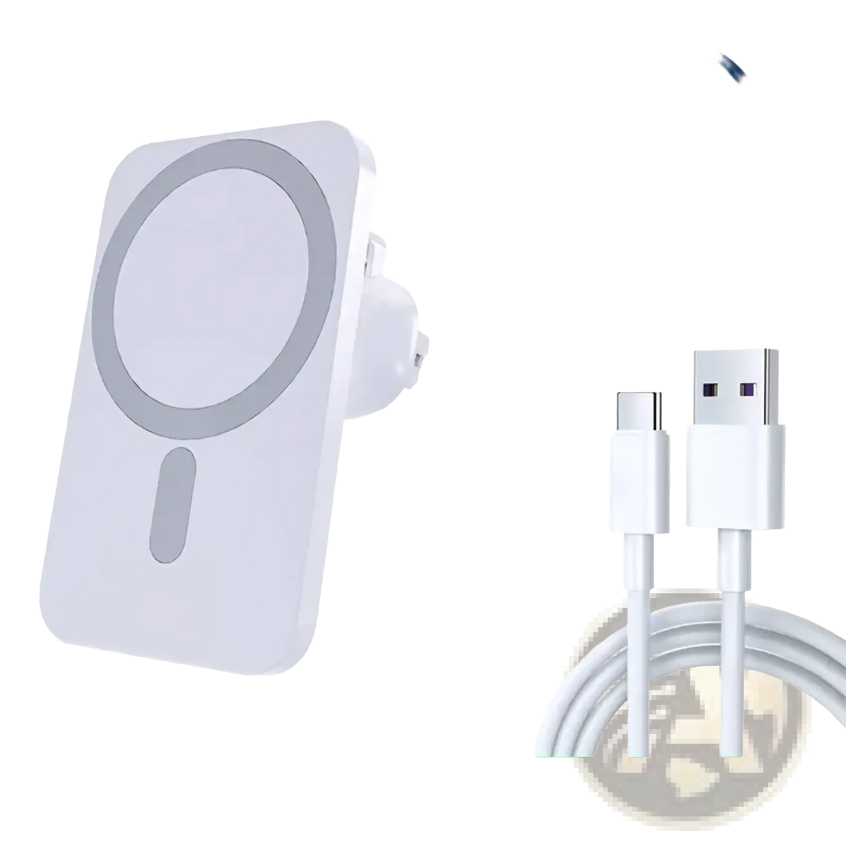 White Vikefon magnetic car wireless charger with circular magnetic induction and integrated plug with 1-meter type-c cable