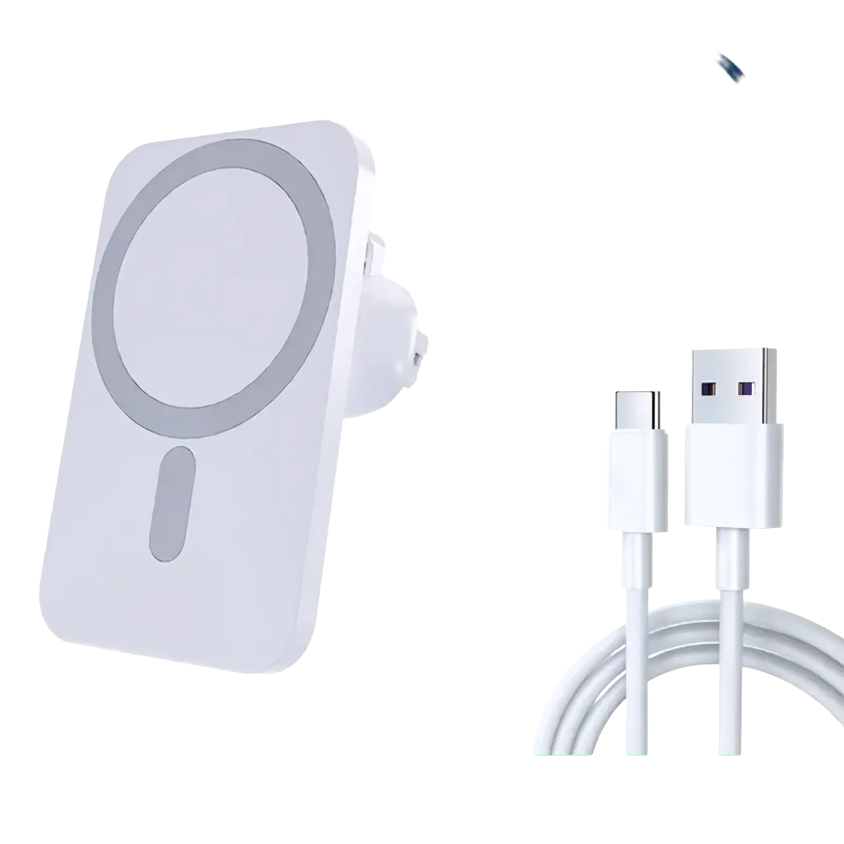 White Vikefon magnetic car wireless charger with circular magnetic induction and integrated plug with 1-meter type-c cable