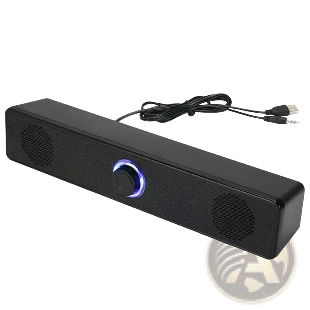 Vikefon USB Bluetooth PC soundbar speaker in black with a textured surface and blue illuminated volume knob