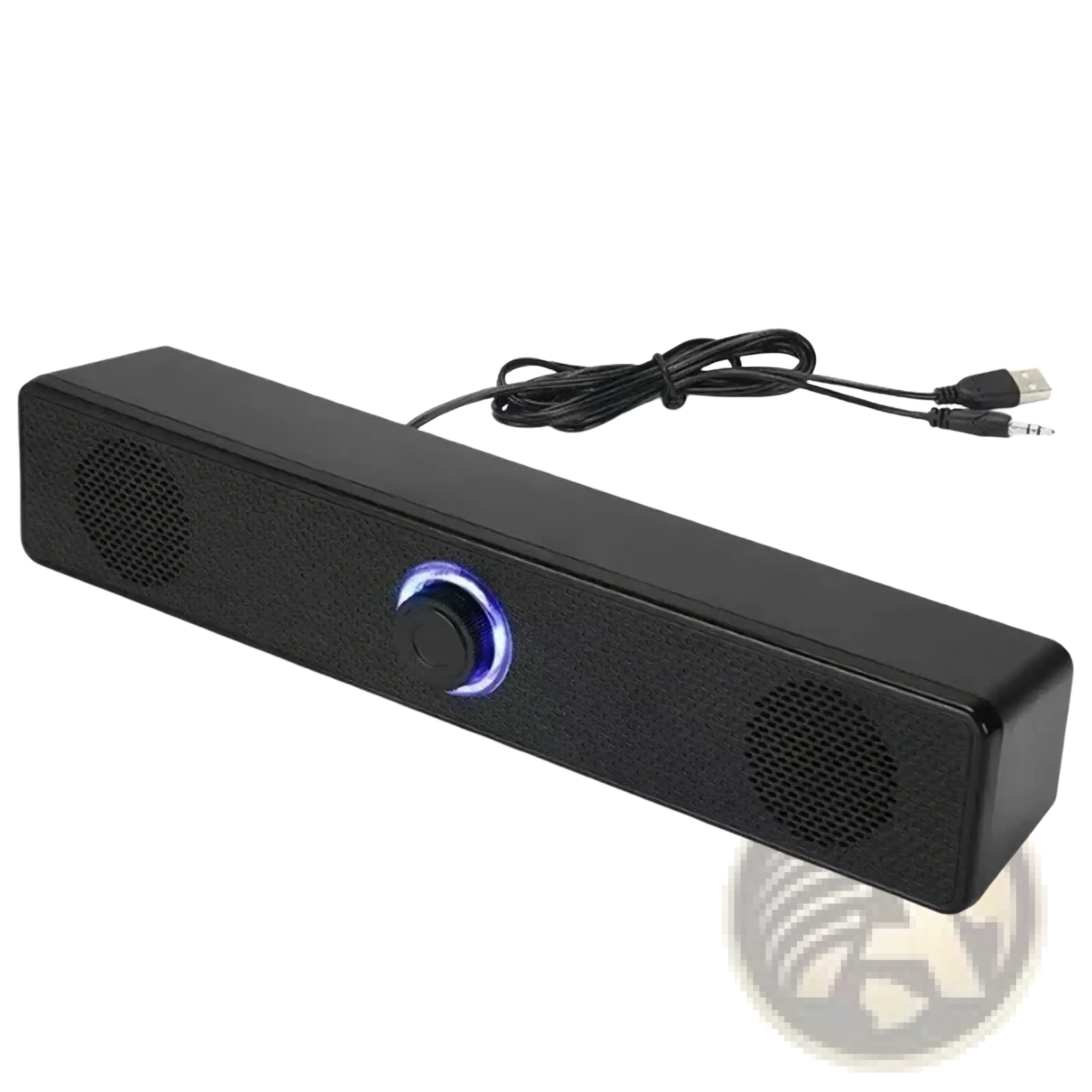 Vikefon USB Bluetooth PC soundbar speaker in black with a textured surface and blue illuminated volume knob