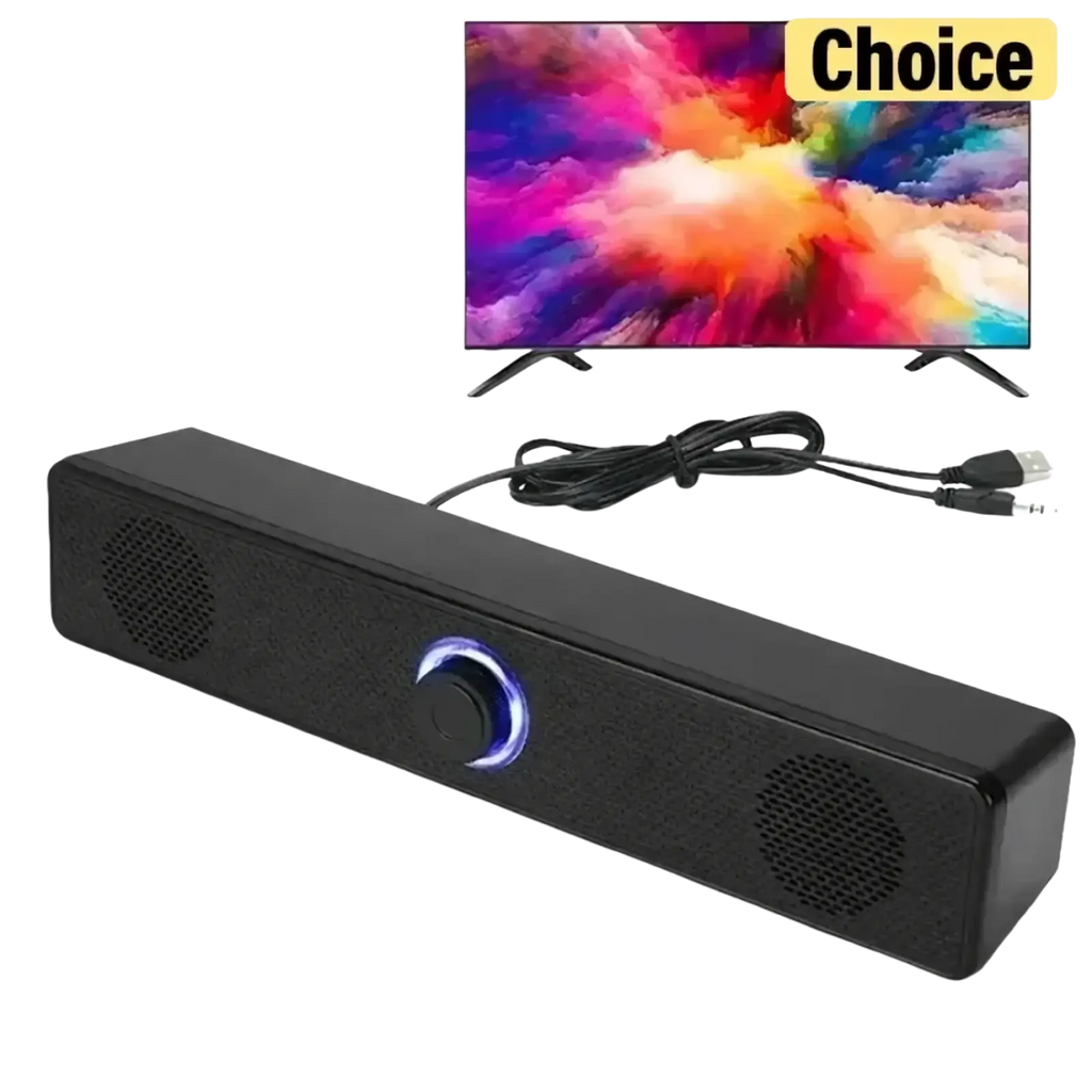 Black vikefon usb bluetooth pc soundbar speaker with glowing blue circular button and textured speaker grilles