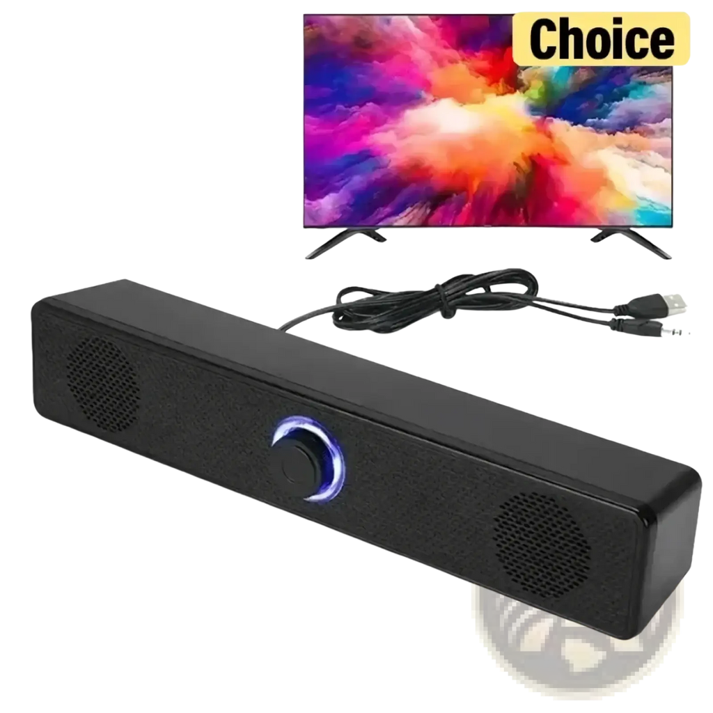 Black vikefon usb bluetooth pc soundbar speaker with glowing blue circular button and textured speaker grilles