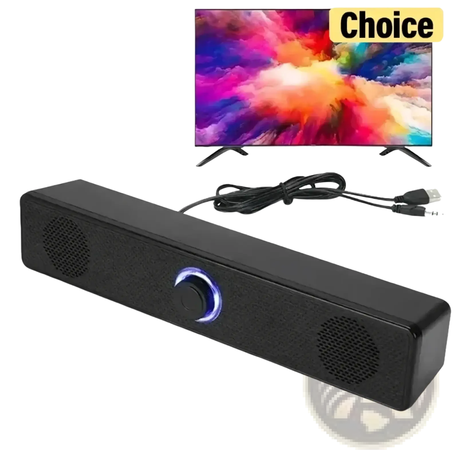Black vikefon usb bluetooth pc soundbar speaker with glowing blue circular button and textured speaker grilles