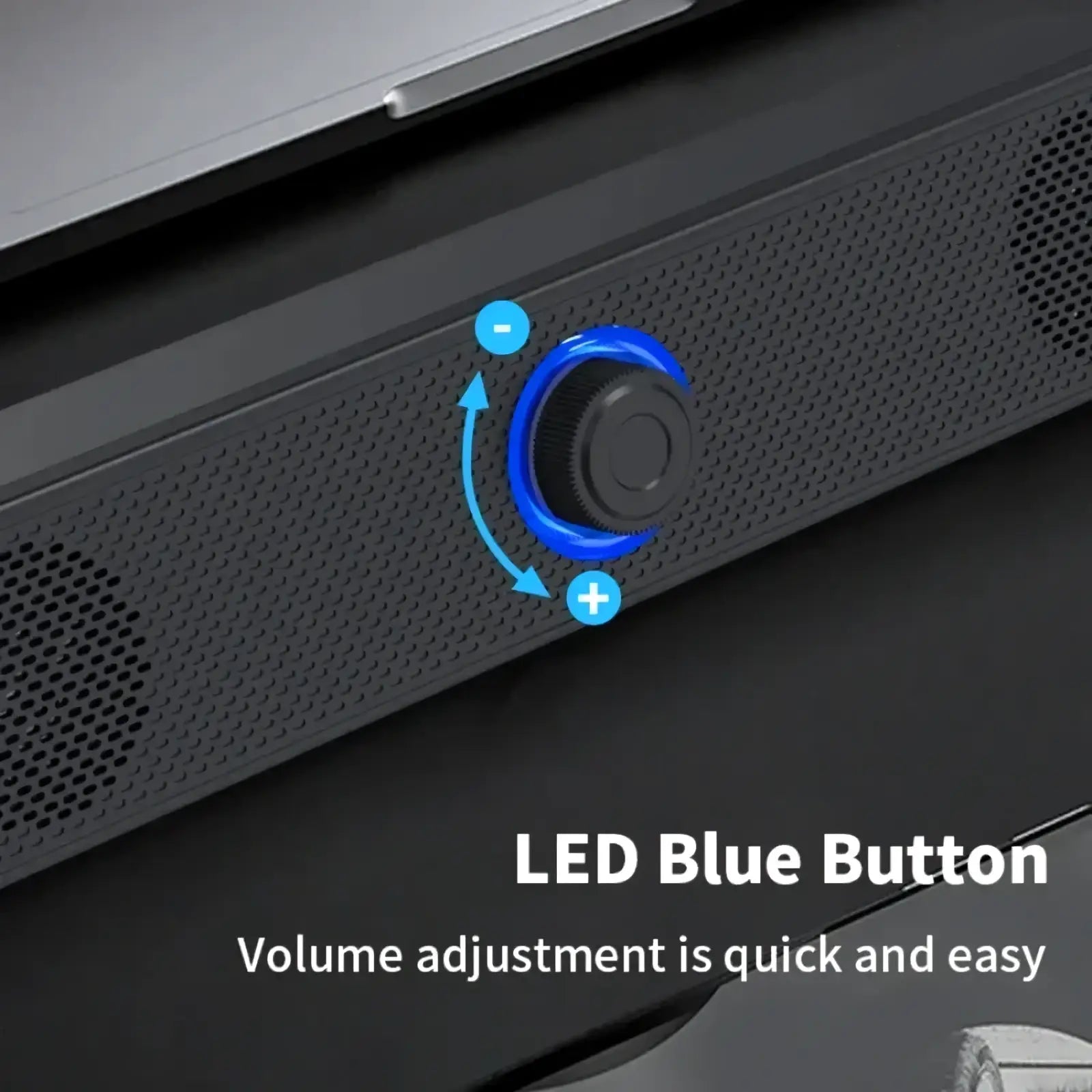 Vikefon usb bluetooth pc soundbar speaker in black with circular blue led button for volume adjustment