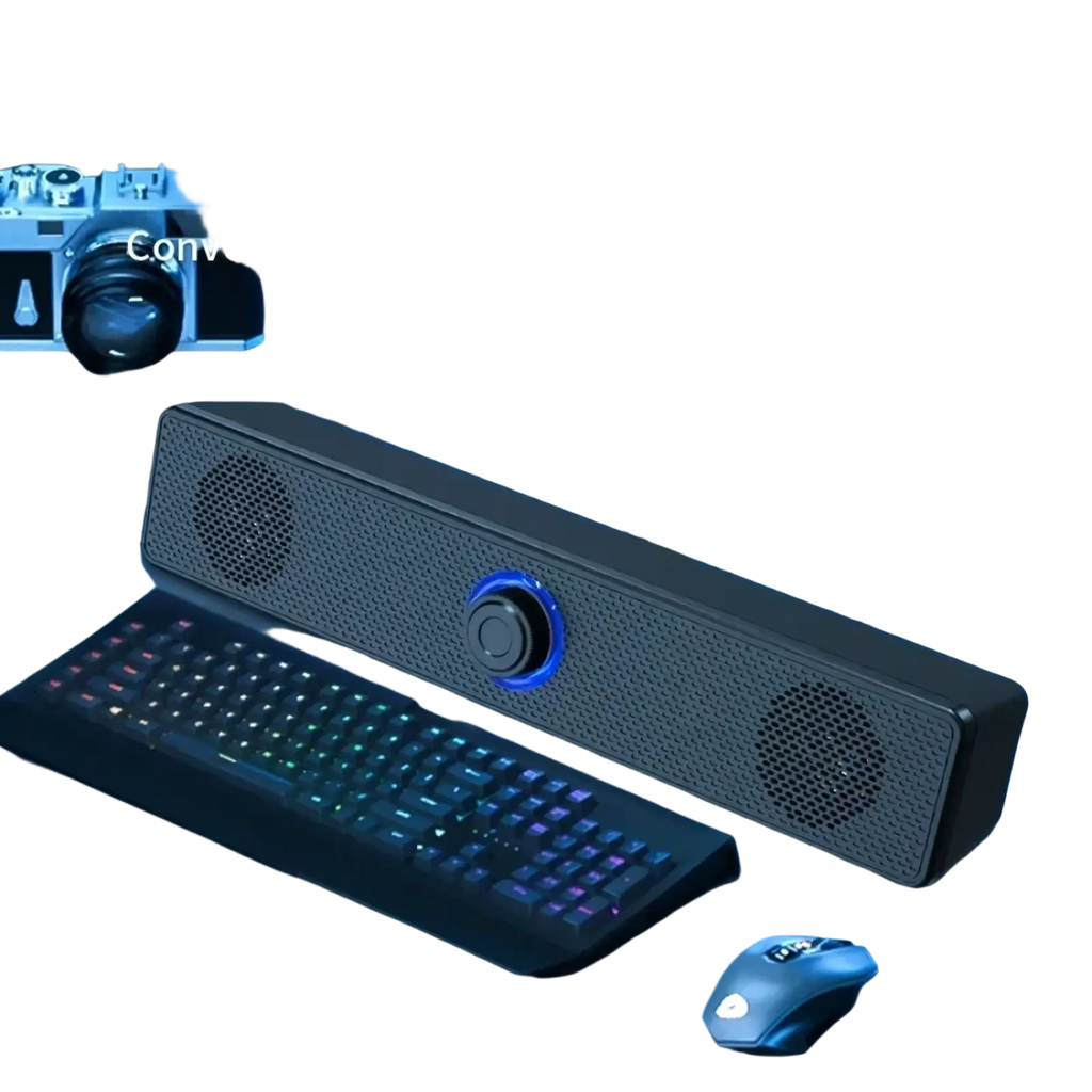 Black Vikefon USB Bluetooth PC soundbar speaker with blue illuminated central control knob and perforated grille design