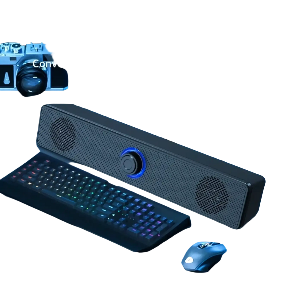 Black Vikefon USB Bluetooth PC soundbar speaker with blue illuminated central control knob and perforated grille design