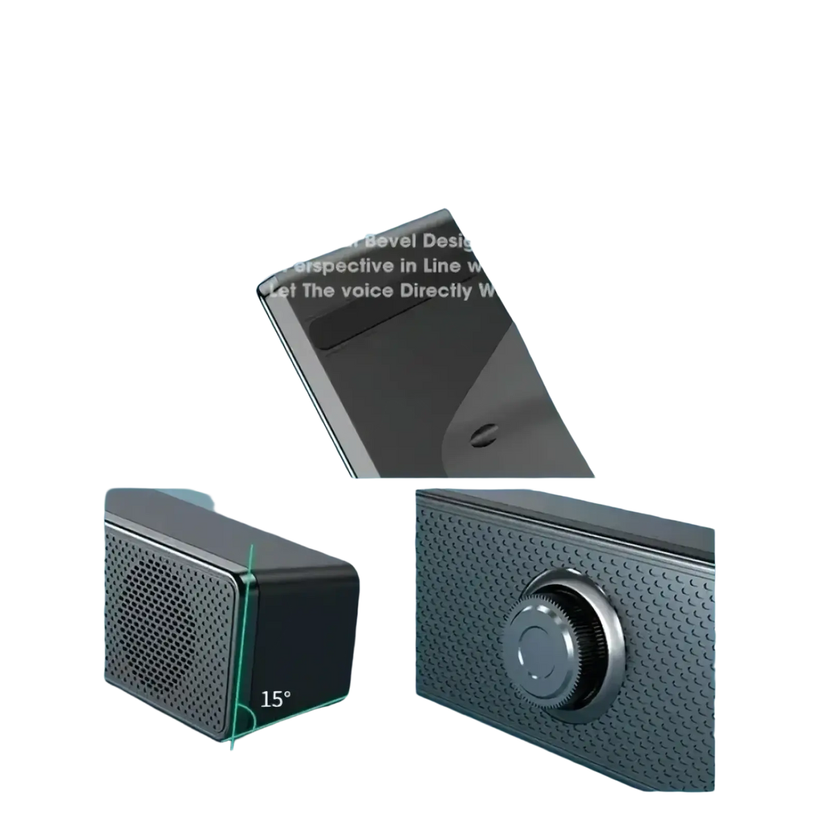 Vikefon USB Bluetooth pc soundbar speaker black rectangular with textured grille silver beveled edges and control knob