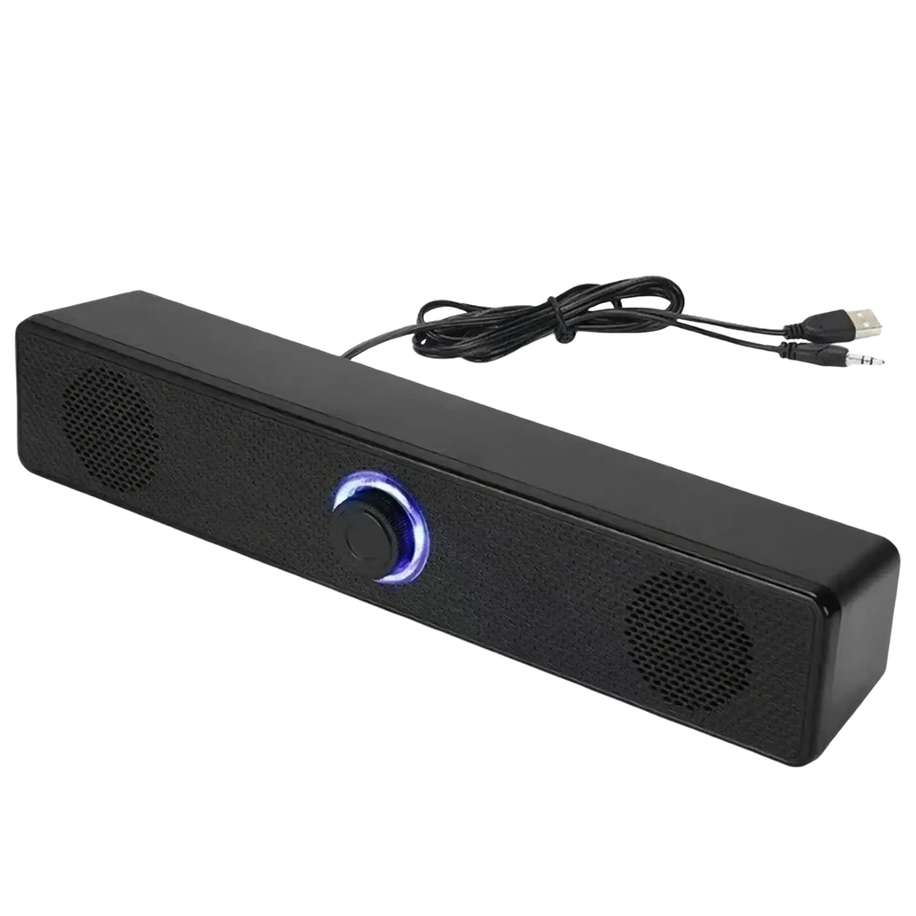 Vikefon USB Bluetooth PC soundbar speaker in black with a textured surface and blue illuminated volume knob