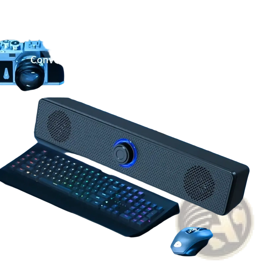 Black Vikefon USB Bluetooth PC soundbar speaker with blue illuminated central control knob and perforated grille design