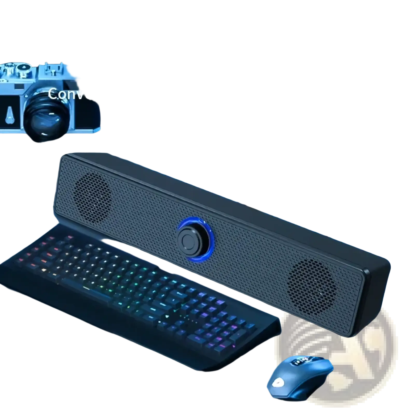 Black Vikefon USB Bluetooth PC soundbar speaker with blue illuminated central control knob and perforated grille design