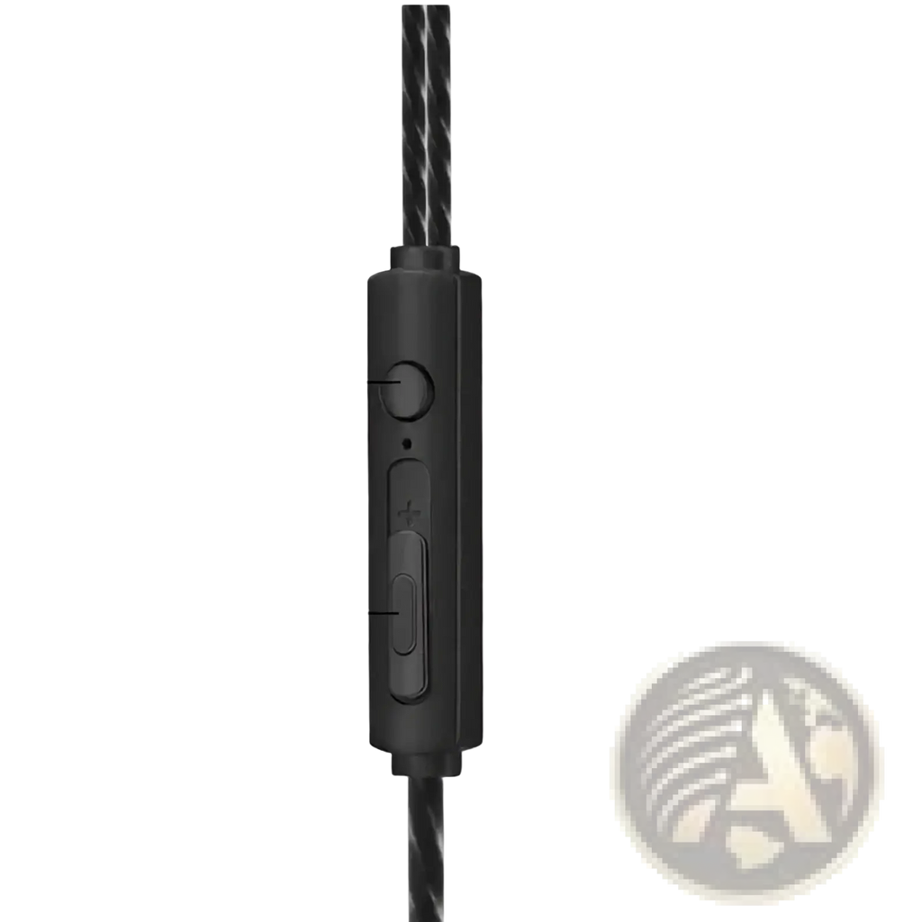 Black plastic inline control module with textured braided cable and labeled buttons for vikefon wired in-ear gaming headset with mic
