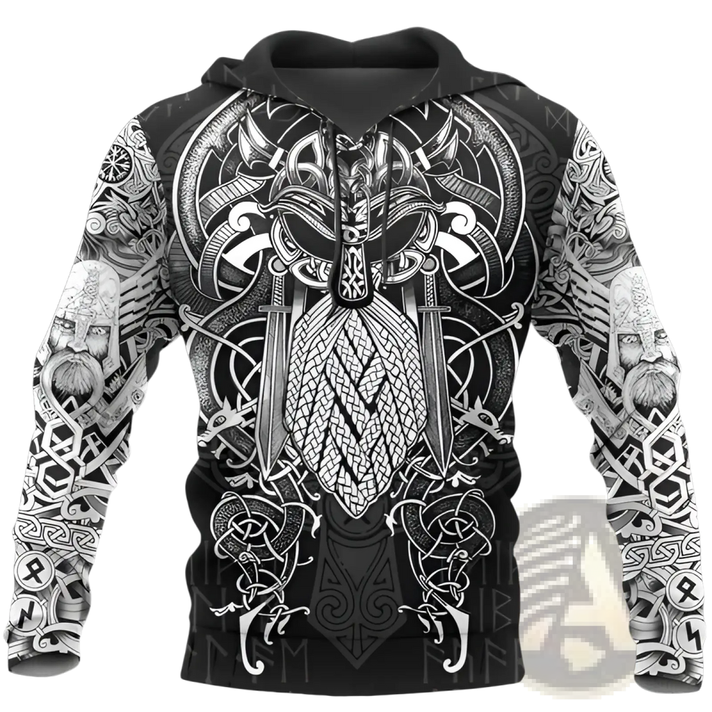 Black unisex hoodie with intricate white norse viking graphics featuring a horned helmet and braided sword patterns