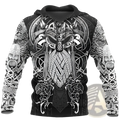 Black unisex hoodie with intricate white norse viking graphics featuring a horned helmet and braided sword patterns