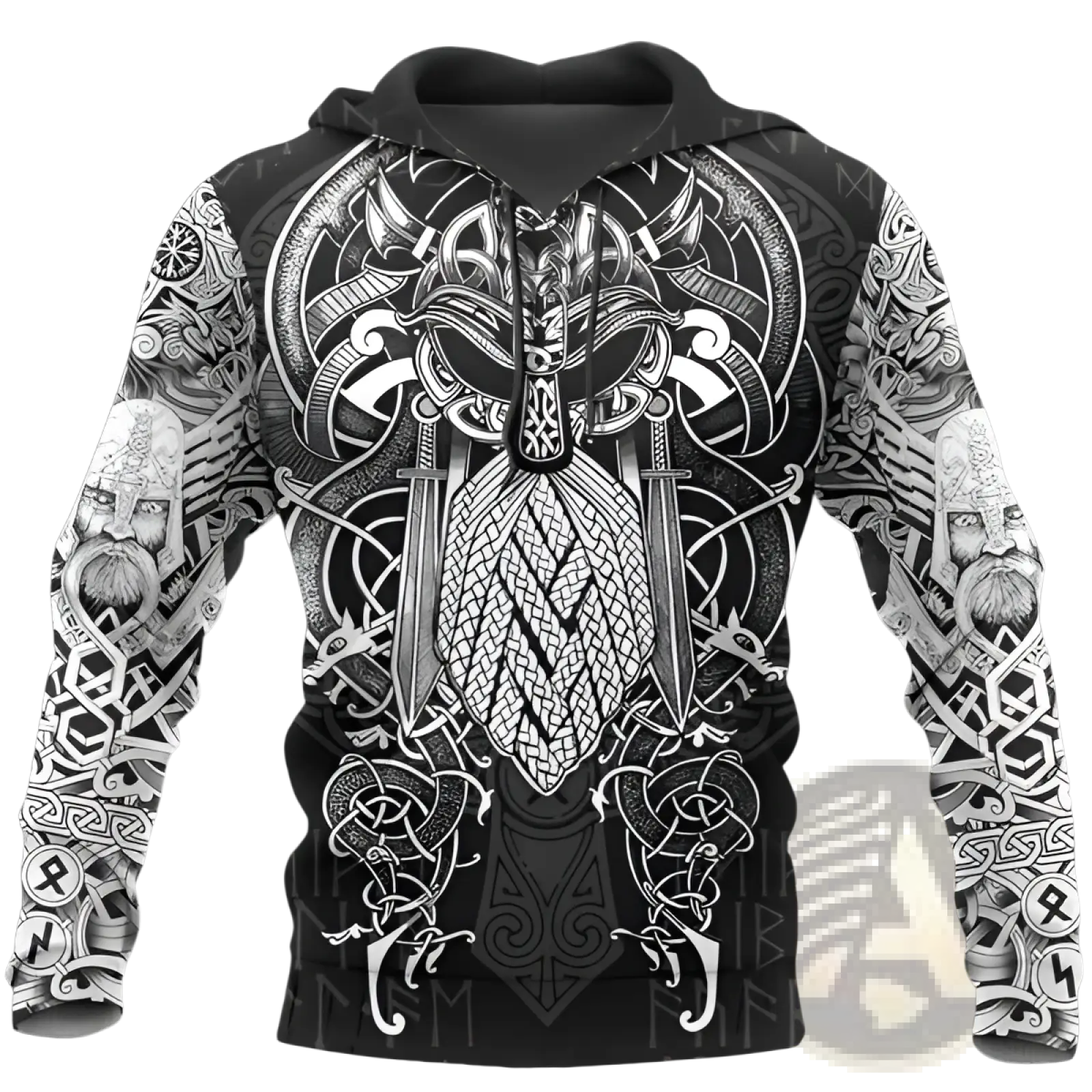 Black unisex hoodie with intricate white norse viking graphics featuring a horned helmet and braided sword patterns