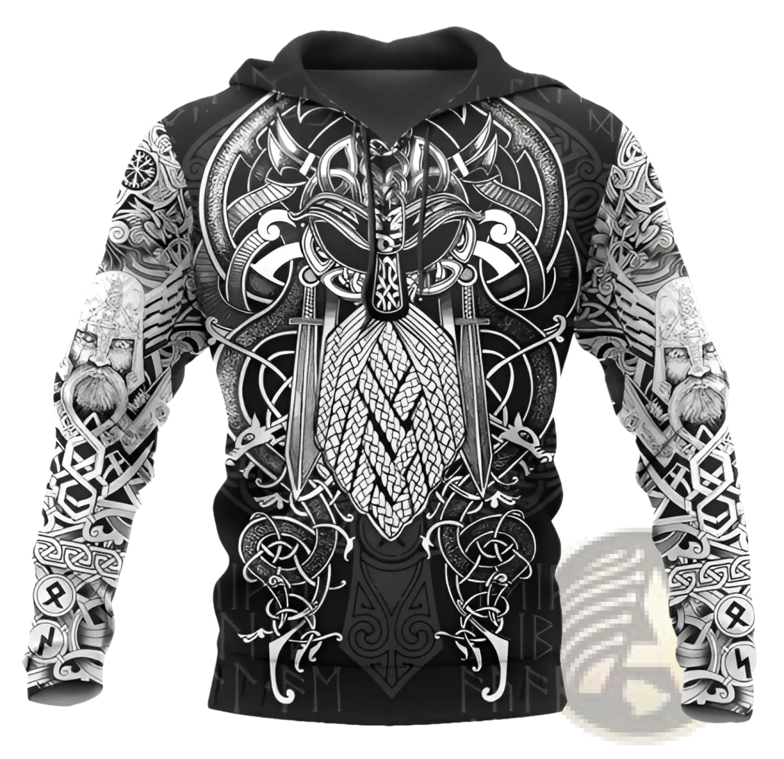 Black hoodie featuring intricate white norse viking-themed graphics, including a central wolf face with crossed swords and detailed knotwork patterns.