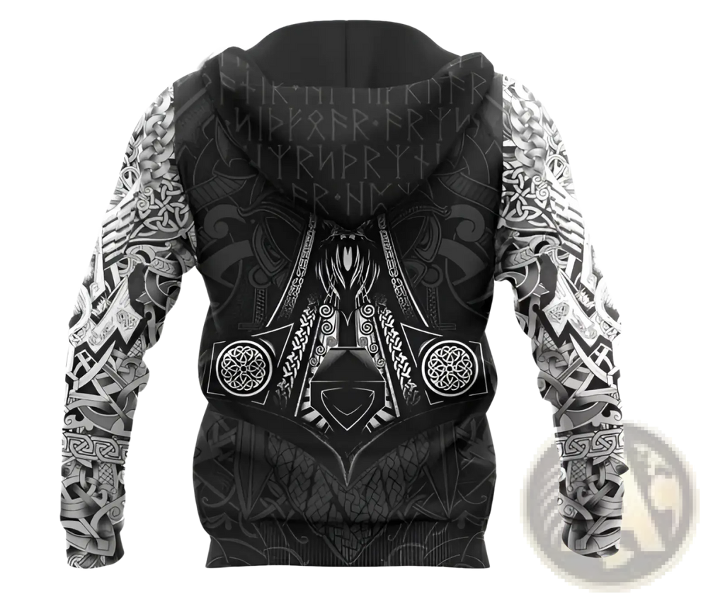 Black zip-up unisex hoodie with intricate white Norse-inspired patterns and central Viking helmet design streetwear