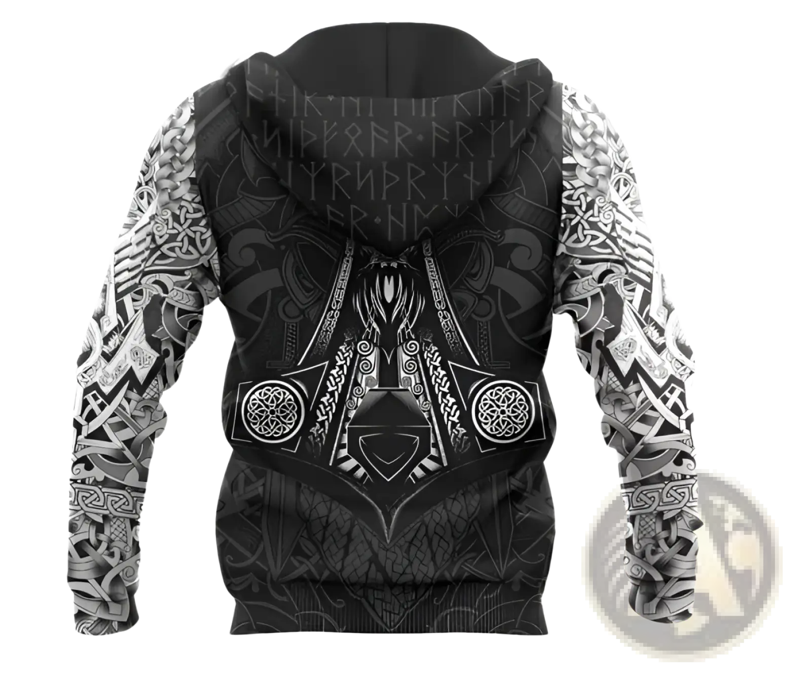 Black zip-up unisex hoodie with intricate white Norse-inspired patterns and central Viking helmet design streetwear