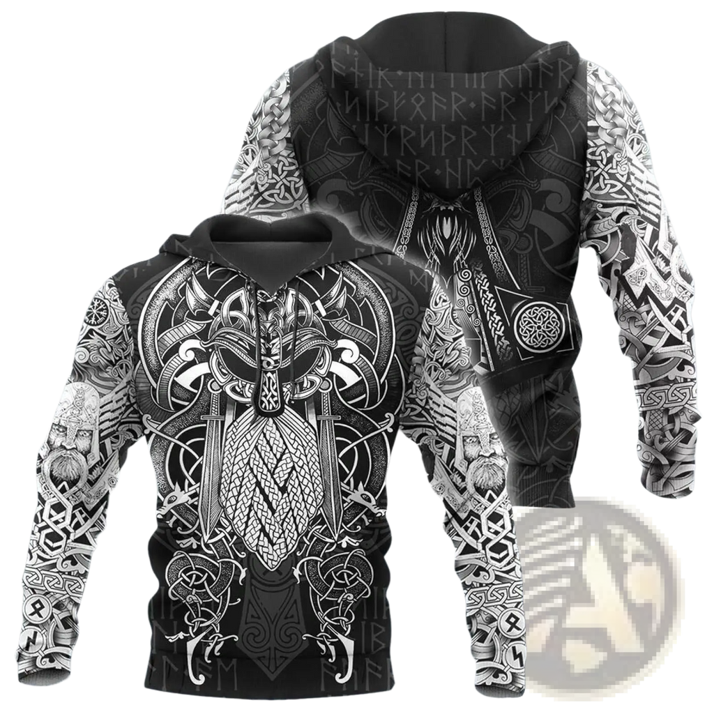 Black hoodie featuring intricate white norse viking-themed runes and ornate patterns front back sleeves and hood unisex streetwear