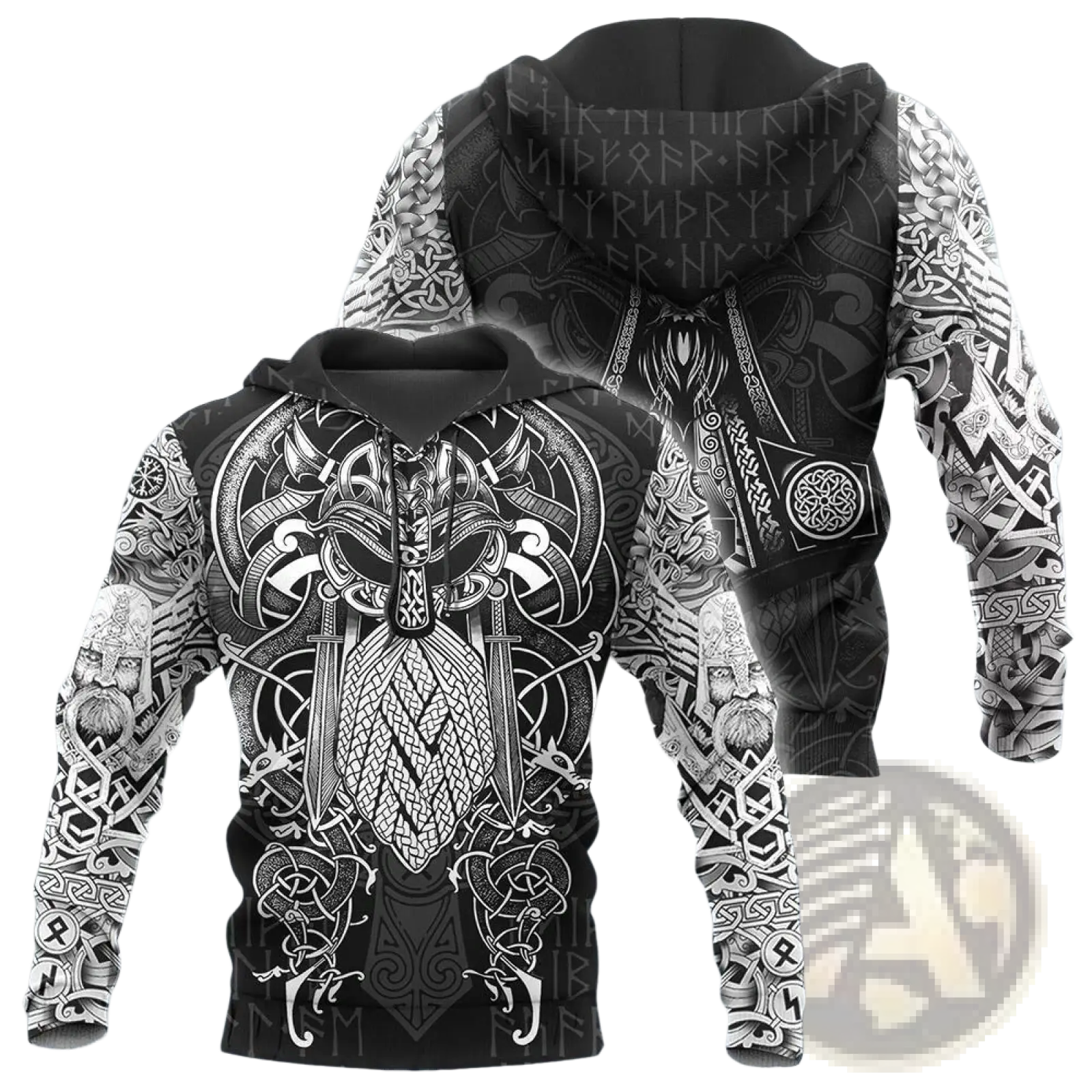 Black hoodie featuring intricate white norse viking-themed runes and ornate patterns front back sleeves and hood unisex streetwear