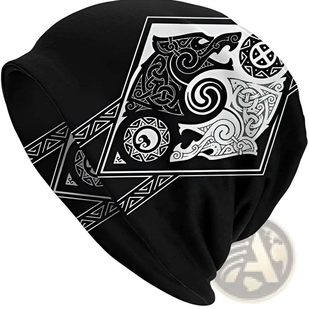 Black knit beanie featuring bold white Celtic-inspired interwoven patterns and stylized animal motifs Viking wolf design