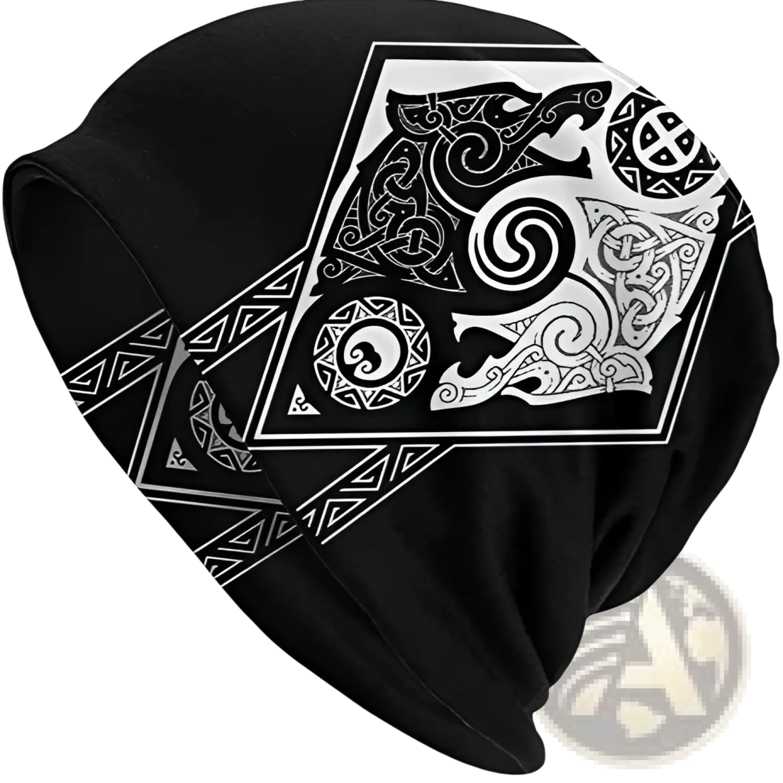Black knit beanie featuring bold white Celtic-inspired interwoven patterns and stylized animal motifs Viking wolf design