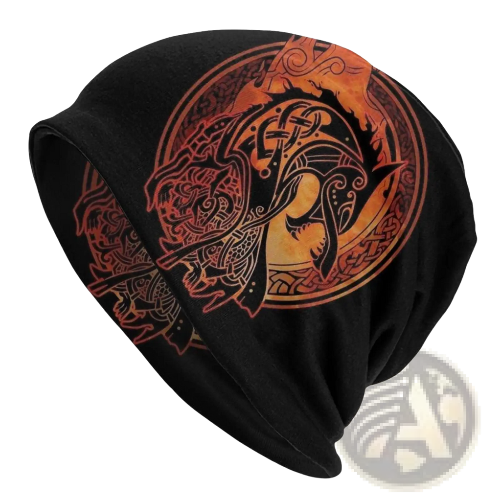 Black knit viking wolf beanie with bold orange and red norse dragon design and intricate knotwork patterns