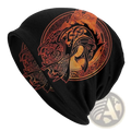 Black knit viking wolf beanie with bold orange and red norse dragon design and intricate knotwork patterns