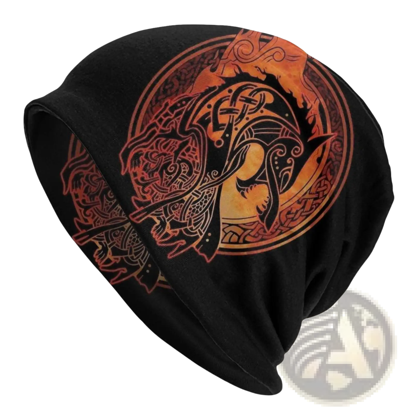 Black knit viking wolf beanie with bold orange and red norse dragon design and intricate knotwork patterns