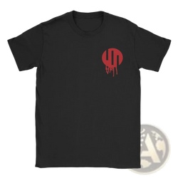Black short-sleeved Viltrum Empire Invincible cotton men’s t shirt with red dripping paint logo on left chest