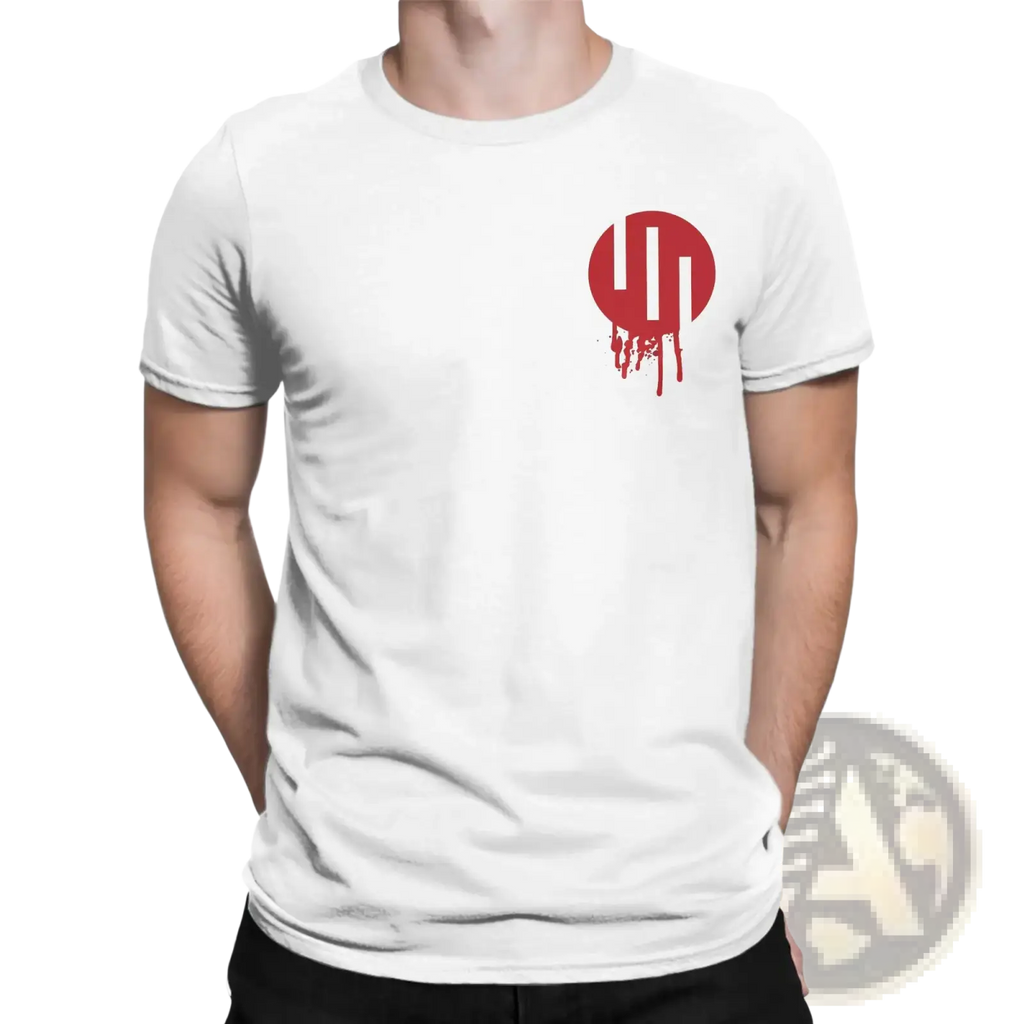 White cotton Viltrum Empire Invincible men t shirt with bold red circular logo and dripping paint effect on left chest