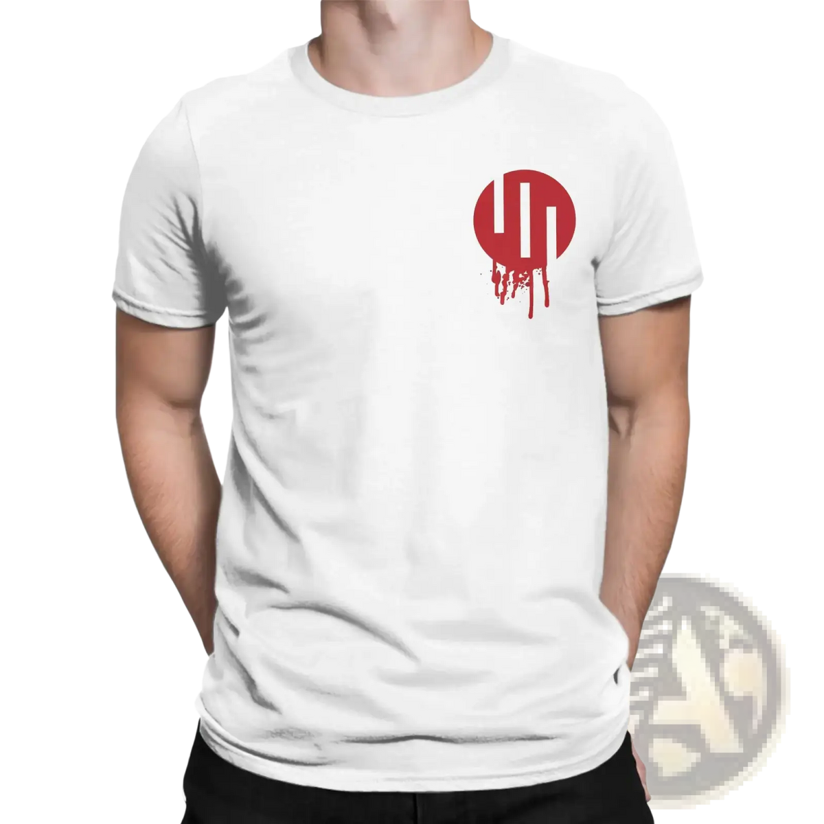 White cotton Viltrum Empire Invincible men t shirt with bold red circular logo and dripping paint effect on left chest